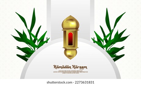 Ramadan background is white and gold, with lantern and leaf elements, suitable for Islamic background activities