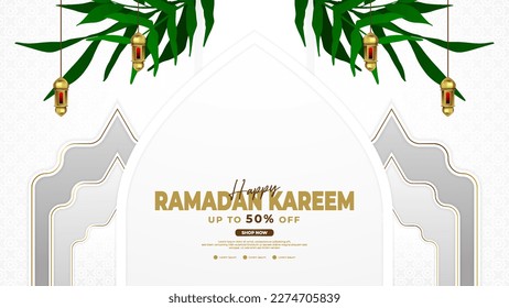 Ramadan background is white and gold, with lantern and leaf elements, suitable for Islamic background activities