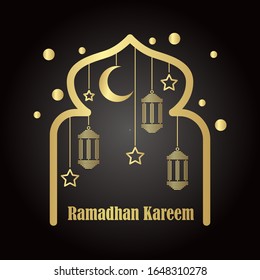 Ramadan background wit gold ornament and lantern on a balck background