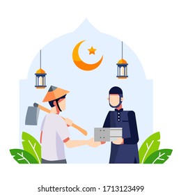 Ramadan background with a young moslem man gives food to a farmer illustration