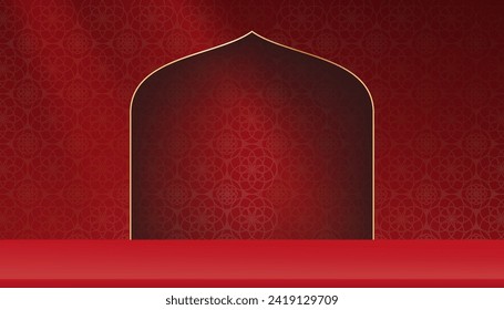 Ramadan Background,Islamic art deco with Window gold frame decoration and podium table top on red background,Vector Arabic pattern geometric for Eid al fitr,Eid al Adha,Eid Mubarak,Muharram card