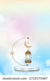 Fondo de Ramadán, linterna islámica con luna creciente, estrella colgando en el cielo, nube, Religión de Vector de simbólico musulmán, Eid ul fitr, Ramadán Kareem, Eid al Adha, Eid Mubarak
