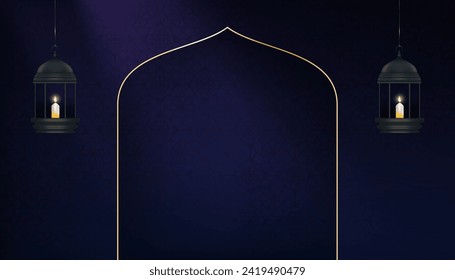 Ramadan Background,Islamic lantern with Window gold frame decoration on Arabic pattern in blue background,Vector studio background for Eid al fitr,Eid al Adha,Eid Mubarak,Muharram card