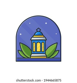 Ramadan Badge Sticker Icon Design With Lantern Lamp Illustration