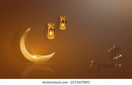 Ramadan banner, 3D gold crescent moon, holiday greeting traditional islamic. Design for product showcase, presentation, cosmetic, base, sales, copy space. Text translation in Arabic lettering, Ramadan