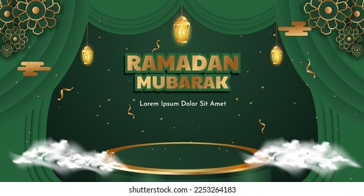 Ramadan banner arabian style on green color. Premium islamic background for muslim event. Decoration muslim culture festival