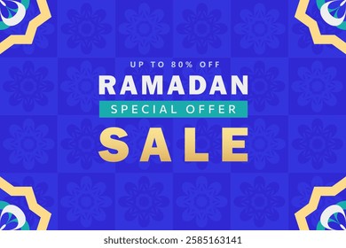  Ramadan banner with bold SALE text on vibrant blue background with decorative Arabic arabesque floral patterns and golden geometric corners. Eid Mubarak card with Special Offer, discount for shopping
