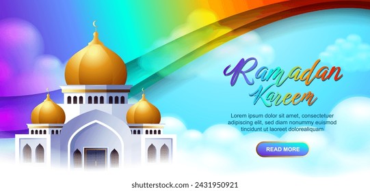 Ramadan Banner design, cute small mosque in the sky with colorful background