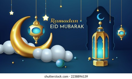 Ramadan banner, eid mubarak poster, 3d night moon, clouds and light lamp. Islam podium and lantern, stars and crescent, kareem celebration. Religious card. Vector decoration exact background