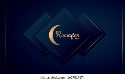 Ramadan banner with gold inscription Ramadan Kareem and black arabic pattern. Vector illustration.