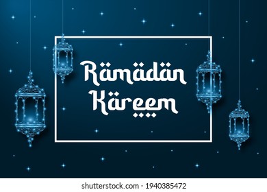 Ramadan banner with Lanterns made by low polygonal wireframe mesh on blue background. Muslim feast of the holy month Ramadan Kareem. Vector illustration.