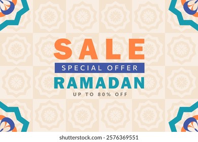 Ramadan banner for promotions with bold "SALE" text on beige arabesque pattern background with Arabic floral frame, and text highlighting "Special Offer". Wide card for festive marketing campaigns.