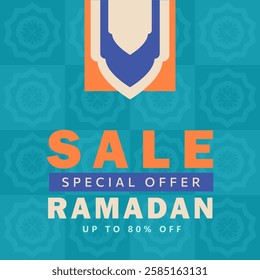 Ramadan banner for promotions with bold "SALE" text on vivid teal arabesque pattern background with Arabic arch frame, and text highlighting "Special Offer," ideal for festive marketing campaigns.