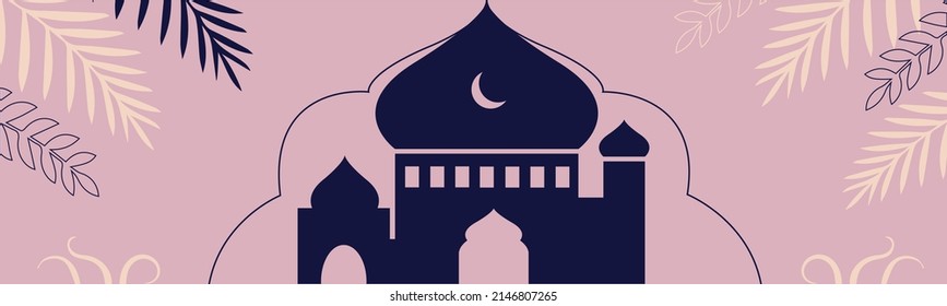 Ramadan banner. In purple tones. Ramadan Mubarak postcard in modern bohemian style, banner with retro boho design, moon, mosque dome. for web design.