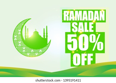 Ramadan banner sale, discount or card with green color, template arabic calligraphy with islamic stle ornaments are very suitable for various purposes