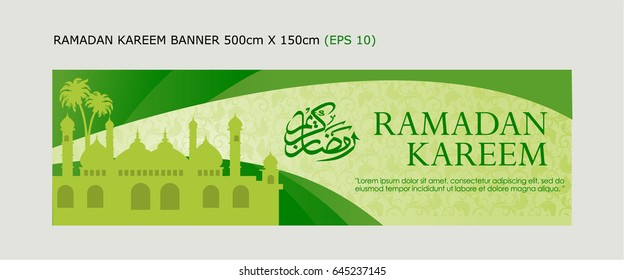 Ramadan banner with simple style floral background. The Mosque and coconut tree on ramadan with soft green floral background