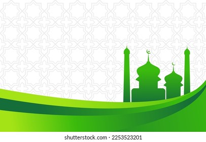 Ramadan banner template with arabic pattern, green curve and mosque