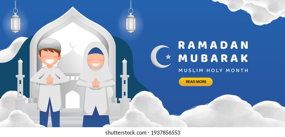 Ramadan Banner Template with Boy and Girl in White Smile in front of Mosque and Lantern Illustration