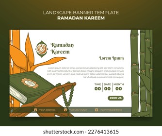 Ramadan banner template design with al-qur'an and bamboo background in hand drawn design