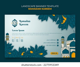 Ramadan banner template with mosque and green grass background in hand drawn design