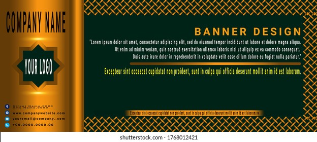 Ramadan Banner template vector. Modern banner design with golden knot decoration, green background. Perfect for social media, ads, websites, flyers and banners.