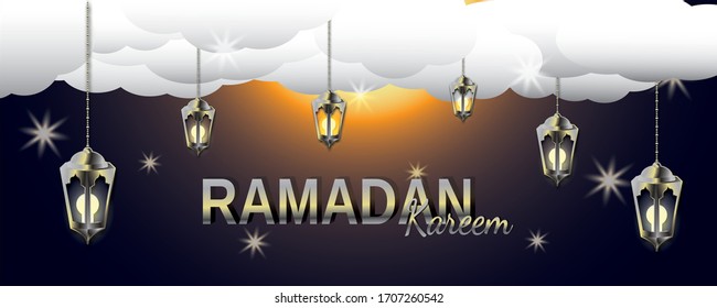 ramadan banner vector with lanterns, blue background, greeting card design