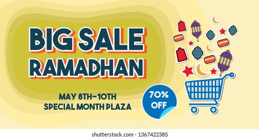 Ramadan Big Sale banner design with basket, star, lamp, door, month, shopping bag vector. The design is suitable for  poster, voucher, discount, label, greeting card, illustration. Design using EPS 10