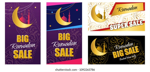 Ramadan Big Sale. Design vertical web banner with beautiful crescent moon and stars in golden and purple color. Vector Illustration for greeting card, flyer and voucher. 