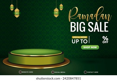 ramadan big sale discount template banner with copy space 3d podium for product sale with abstract gradient green background design