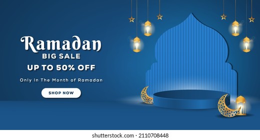 Ramadan big sale promotion poster banner with a podium for display product