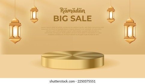 Ramadan big sale promotion poster banner with a podium for display product. Realistic Ramadan Kareem sale Banner with 3D Podium. Vector illustration