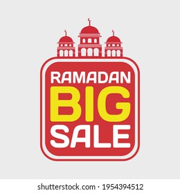 "Ramadan Big Sale" text illustration, with mosque silhouette and red, yellow and white colors, perfect for your Ramadan sales promotion elements