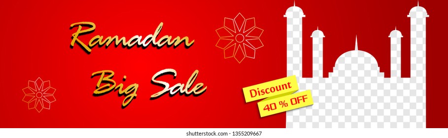 Ramadan big Sale, web header or banner  design with transparent mosque shape, islamic pattern,  and text  40% off offers on red background. in flat design style vector illustration. easy to edit

