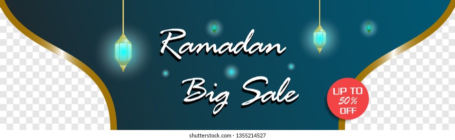 Ramadan big Sale, web header or banner  design with mosque, moon, islamic pattern, lantern and text  50% off offers on blue background. in flat design style vector illustration. easy to edit
