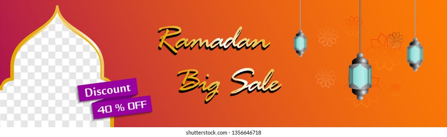 Ramadan big Sale, web header or banner  design with mosque, moon, islamic pattern, lantern and text  40% off offers on red background. in flat design style vector illustration. easy to edit