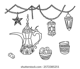 Ramadan black and white doodles with traditional coffee pot, lanterns, dates, cups, and decorative garlands. Vector contour line drawings isolated on white background