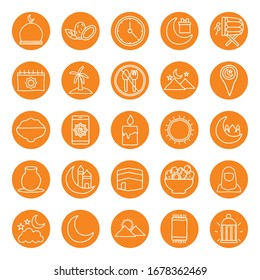 Ramadan block line style icon set design, Islamic muslim religion culture belief religious faith god spiritual meditation and traditional theme Vector illustration