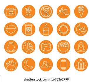 Ramadan block line style icon set design, Islamic muslim religion culture belief religious faith god spiritual meditation and traditional theme Vector illustration