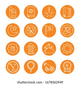 Ramadan block line style icon set design, Islamic muslim religion culture belief religious faith god spiritual meditation and traditional theme Vector illustration