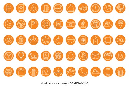 Ramadan block line style icon set design, Islamic muslim religion culture belief religious faith god spiritual meditation and traditional theme Vector illustration