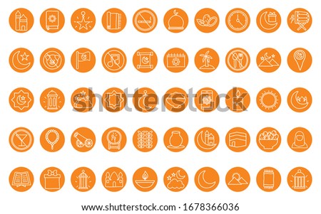 Ramadan block line style icon set design, Islamic muslim religion culture belief religious faith god spiritual meditation and traditional theme Vector illustration