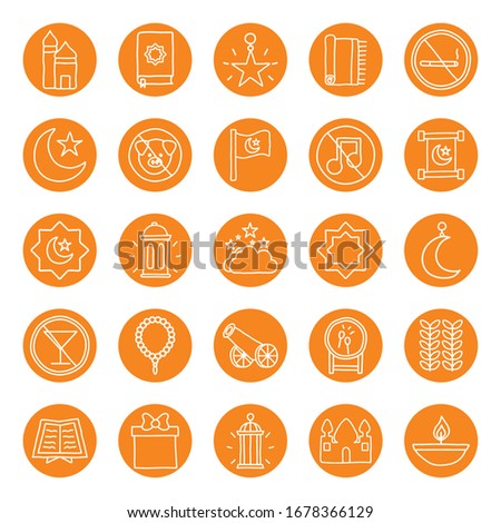 Ramadan block line style icon set design, Islamic muslim religion culture belief religious faith god spiritual meditation and traditional theme Vector illustration