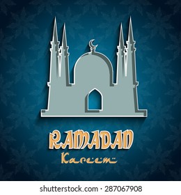 Ramadan blue  background with silhouette of a mosque .  Ramadan the Generous Month. Vector illustration