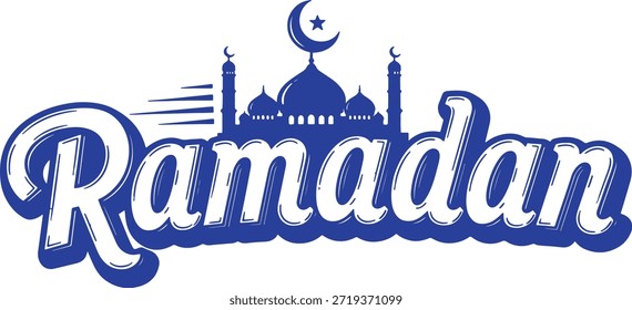 Ramadan blue text with mosque and crescent moon. Islamic holy month design.