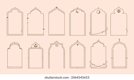 Ramadan boho arch frames. Islamic linear window and door shapes, arabian mosque interior elements. Isolated vector set of arab arcs or portals. Elegant architecture for Muslim Eid Mubarak holiday