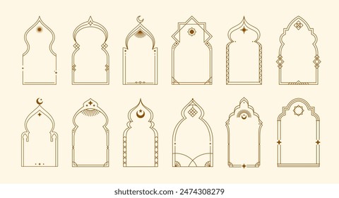 Ramadan boho arch frames, muslim borders. Isolated vector set of linear Islamic window and door shapes, mosque interior elements. Arab arcs or portals with stars and crescents for Eid Mubarak holiday