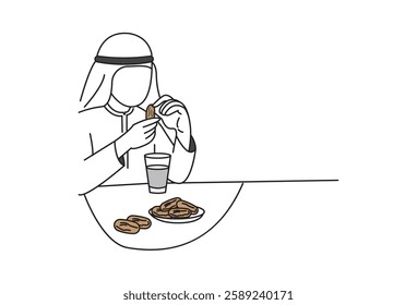 Ramadan Breaking Fast vectors, Line illustration of a person eating dates while breaking the fast, with a glass of water next to him. Vector illustration, can be changed as needed