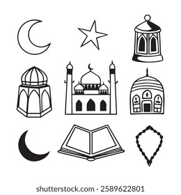  A Ramadan breathtaking scene of a crescent moon shining brightly over an illuminated mosque under a starry sky.
 Traditional hanging lanterns glow warmly, enhancing the serene atmosphere. The intrica