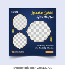 Ramadan Buffet Iftar Social Media Post Banner. Ramadan Theme Food Delivery Square Banner with Lantern.
