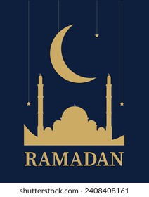 Ramadan building silhouette concept. Home with crescent. Traditional muslim holiday and festival. Islam and ramazan. East holy month and religion. Cartoon flat vector illustration